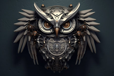 An owl made of metal and gears on a wall. Generative AI image.の素材
