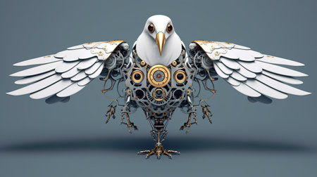 A bird made out of mechanical parts on a gray background. Generative AI image.の素材
