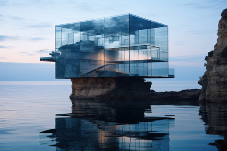 A glass structure sitting on top of a body of water. Generative AI image.の素材