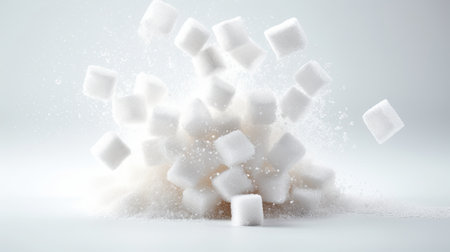 A pile of sugar cubes falling into the air. Generative AI image.の素材