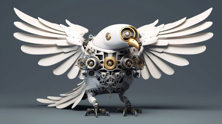 A white bird with gears on its wings. Generative AI image.の素材