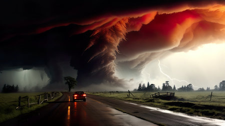 A car driving down a road under a large cloud. Generative AI image.の素材