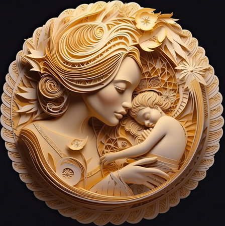 A woman holding a baby in her arms. Generative AI image.の素材