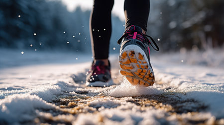 A close up of a persons shoes in the snow. Generative AI image.の素材