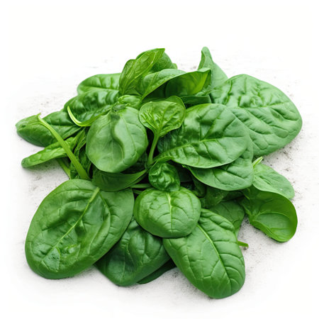 A pile of spinach leaves on a white surface. Generative AI image.の素材