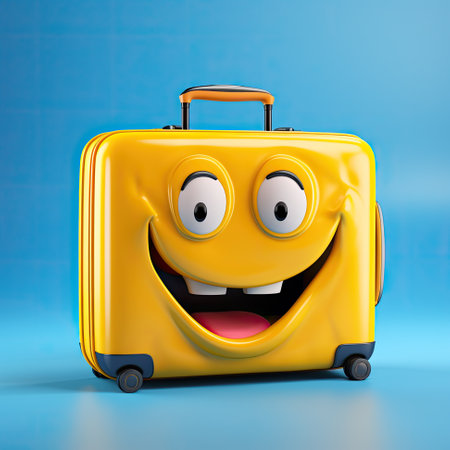 A yellow suitcase with a smiling face on it. Generative AI image.の素材