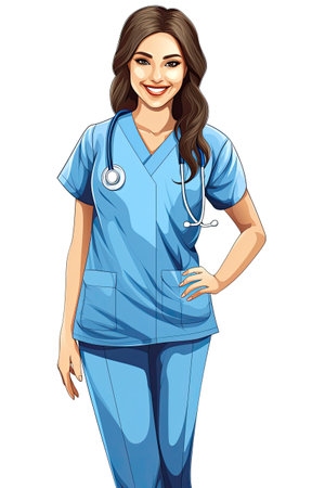 A woman in a blue scrub suit with a stethoscope. Generative AI image.の素材