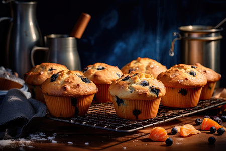A bunch of muffins sitting on a wire rack. Generative AI image. Blueberry muffins on cooling rack.の素材