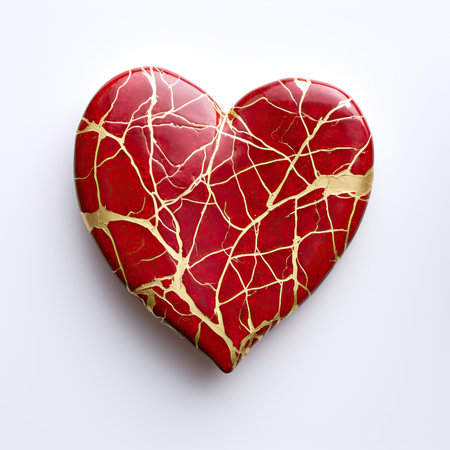 A red and gold heart on a white surface. Generative AI image.の素材