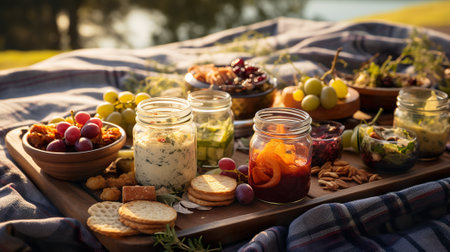 A wooden tray topped with crackers and fruit. Generative AI image.の素材