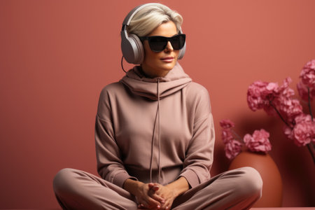 A woman sitting on a couch wearing headphones. Generative AI image.の素材