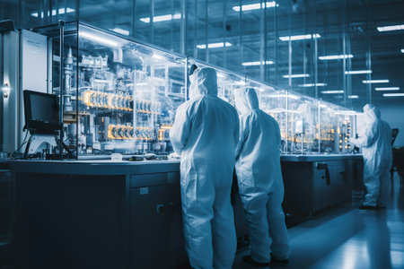 A group of people standing in a lab. Generative AI image.の素材