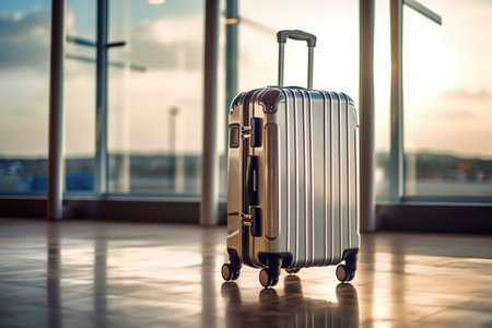 A suitcase sitting on the ground in front of a window. Generative AI image.の素材