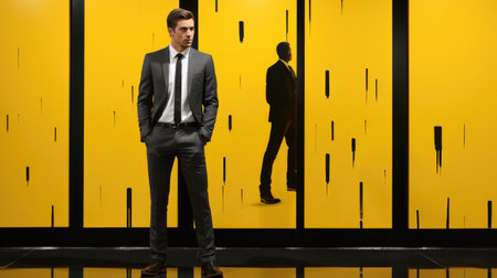 A man in a suit and tie standing in front of a yellow wall. Generative AI image.の素材