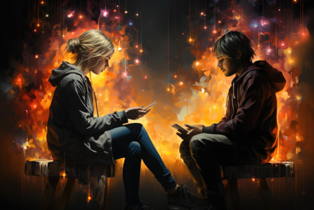 Two people sitting on a bench looking at a cell phone. Generative AI image.の素材