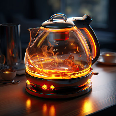 A glass tea kettle sitting on top of a wooden table. Generative AI image.の素材