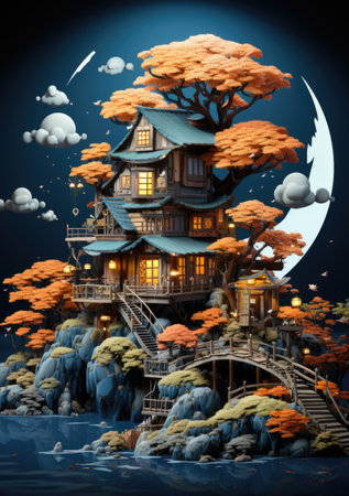 A house on a cliff with a full moon in the background. Generative AI image.の素材
