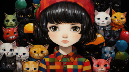 A painting of a girl surrounded by cats. Generative AI image.の素材