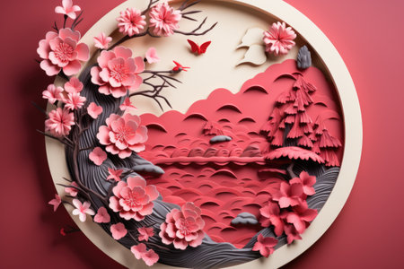 A paper cut of a bird and flowers. Generative AI image.の素材