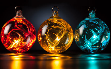 Three colorful glass ornaments on a shiny surface. Generative AI image.の素材