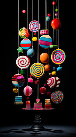 A bunch of colorful candies hanging from strings. Generative AI image.の素材