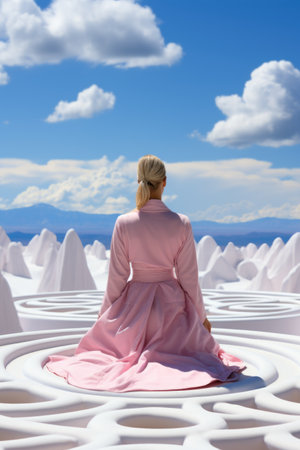 A woman in a pink dress is sitting in a maze. Generative AI image.の素材