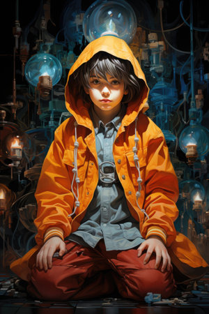 A young boy sitting on the ground in a yellow raincoat. Generative AI image.の素材