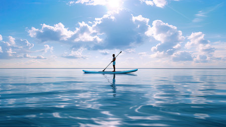 A person on a paddle board in the water. Generative AI image.の素材