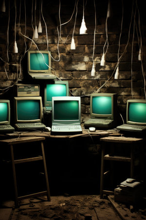 A bunch of computers sitting on top of a wooden desk. Generative AI image.の素材