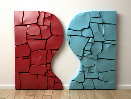 Two pieces of red and blue are next to each other. Generative AI image. Visualization of gender spectrumの素材