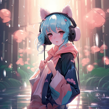 A girl with blue hair wearing headphones. Generative AI image.