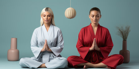 Two women sitting in a yoga pose. Generative AI image.の素材