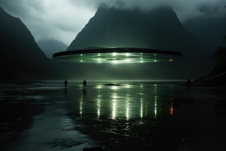 An alien flying saucer over water at night. Generative AI.の素材