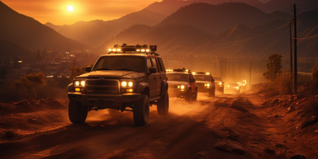 A group of trucks driving down a dirt road. Generative AI image.の素材