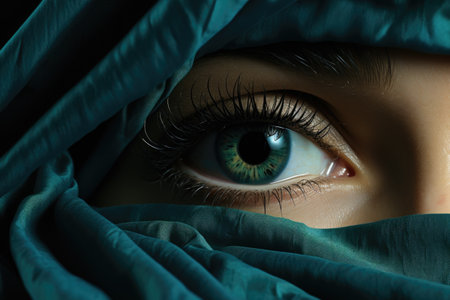 A close up of a persons eye with a blue blanket. Generative AI image.の素材