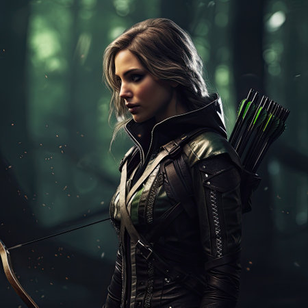 A woman with a bow and arrow in a forest. Generative AI image.の素材