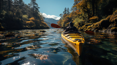 A person in a yellow kayak paddling down a river. Generative AI image.の素材
