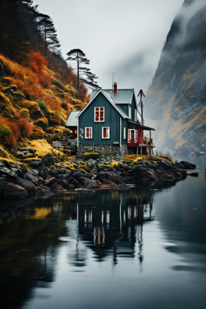 A green house sitting on top of a mountain next to a body of water. Generative AI image.の素材