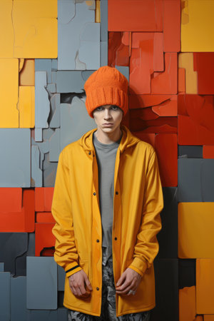 A man standing in front of a colorful wall. Generative AI image. Visualization of gender spectrumの素材