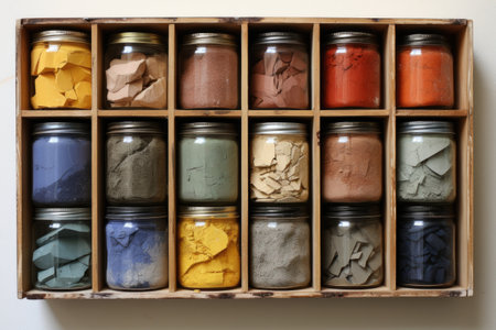 A wooden box with different colored jars. Concept image of genrer spectrum in modern society.の素材