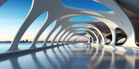 A very long hallway with a lot of arches. Generative AI image.の素材