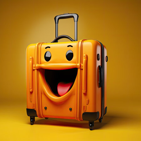 An orange suitcase with a smiling face on it. Generative AI image.の素材