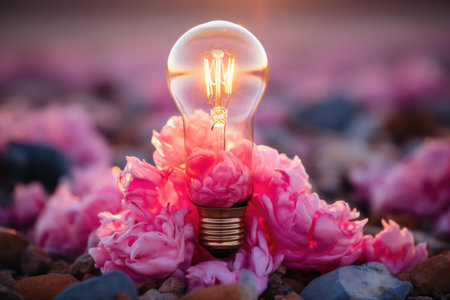 A light bulb sitting on top of a pile of flowers. Generative AI image.の素材