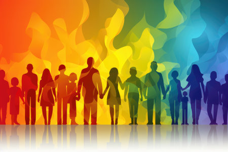 A group of people standing in front of a rainbow background. Generative AI image. Visualization of gender spectrumの素材