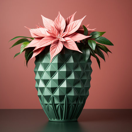 A green vase with a pink flower in it. Generative AI image.の素材