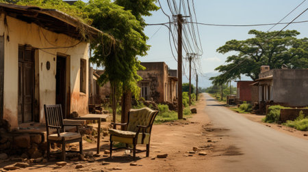 Two chairs and a table sit on the side of a dirt road. Generative AI image.の素材