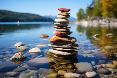 A pile of rocks sitting on top of a lake. Generative AI image.の素材