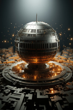 A futuristic city at night with a sphere in the middle. Generative AI image. Surreal urban landscape.の素材