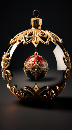 A red and gold christmas ornament with a bow. Generative AI image.の素材