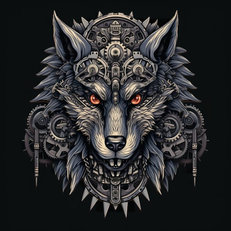 The head of a wolf with gears and gears. Generative AI image.の素材